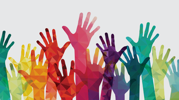 Artwork of colored raised hands